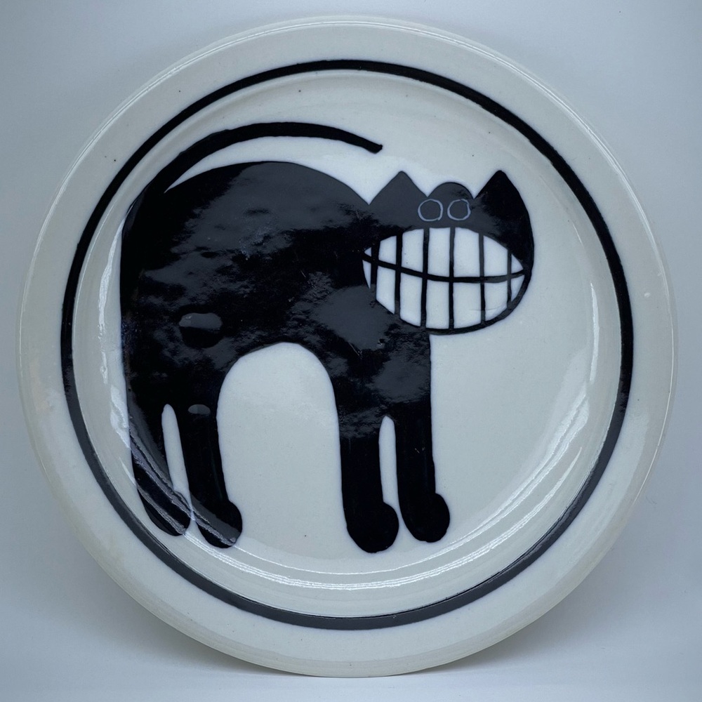 Karen Donleavy Designs Cat Grinning Plate Decor Black White Artsy Cats Kitty